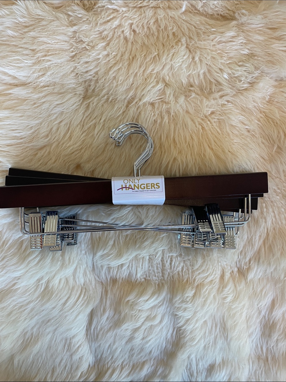 Dark Brown Wood Skirt and Pant Hangers with Chrome Clips